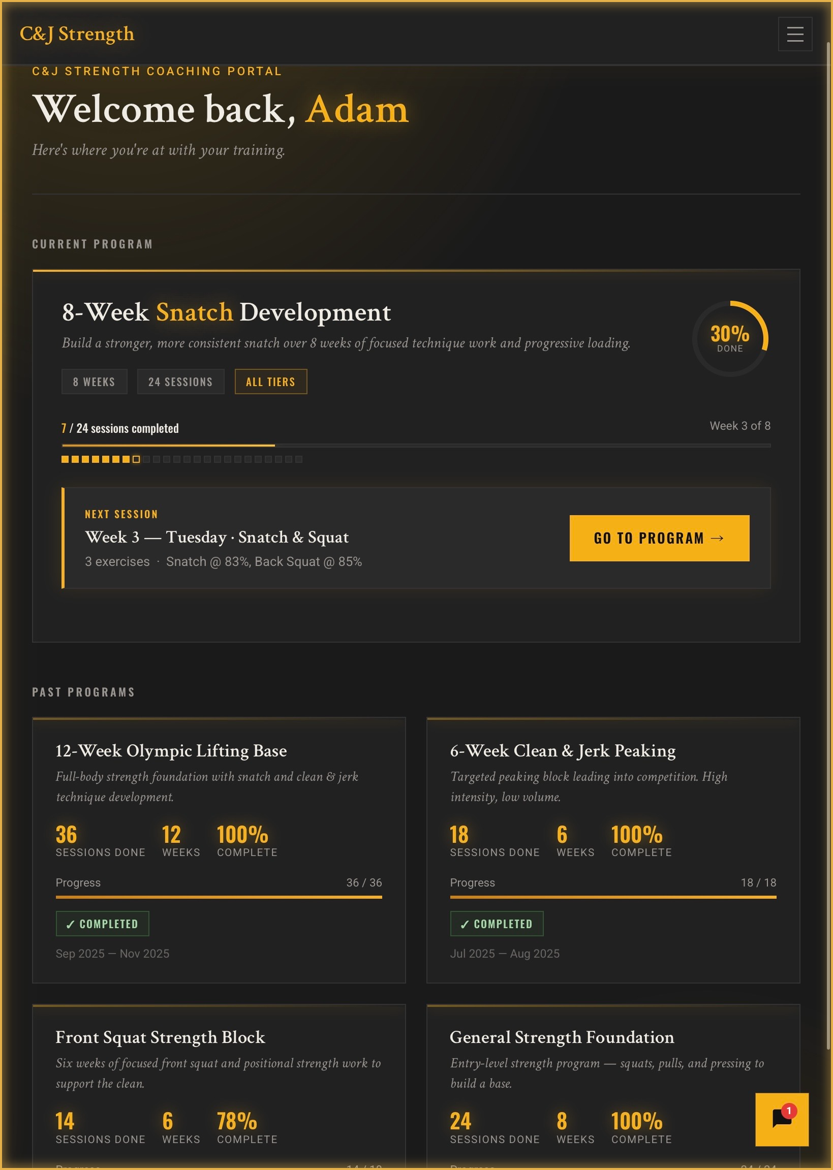 Training app — dashboard